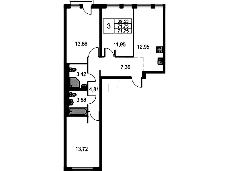 3-комнатная квартира 71.75 м², 14/15 эт., ЖК «Невская Долина»